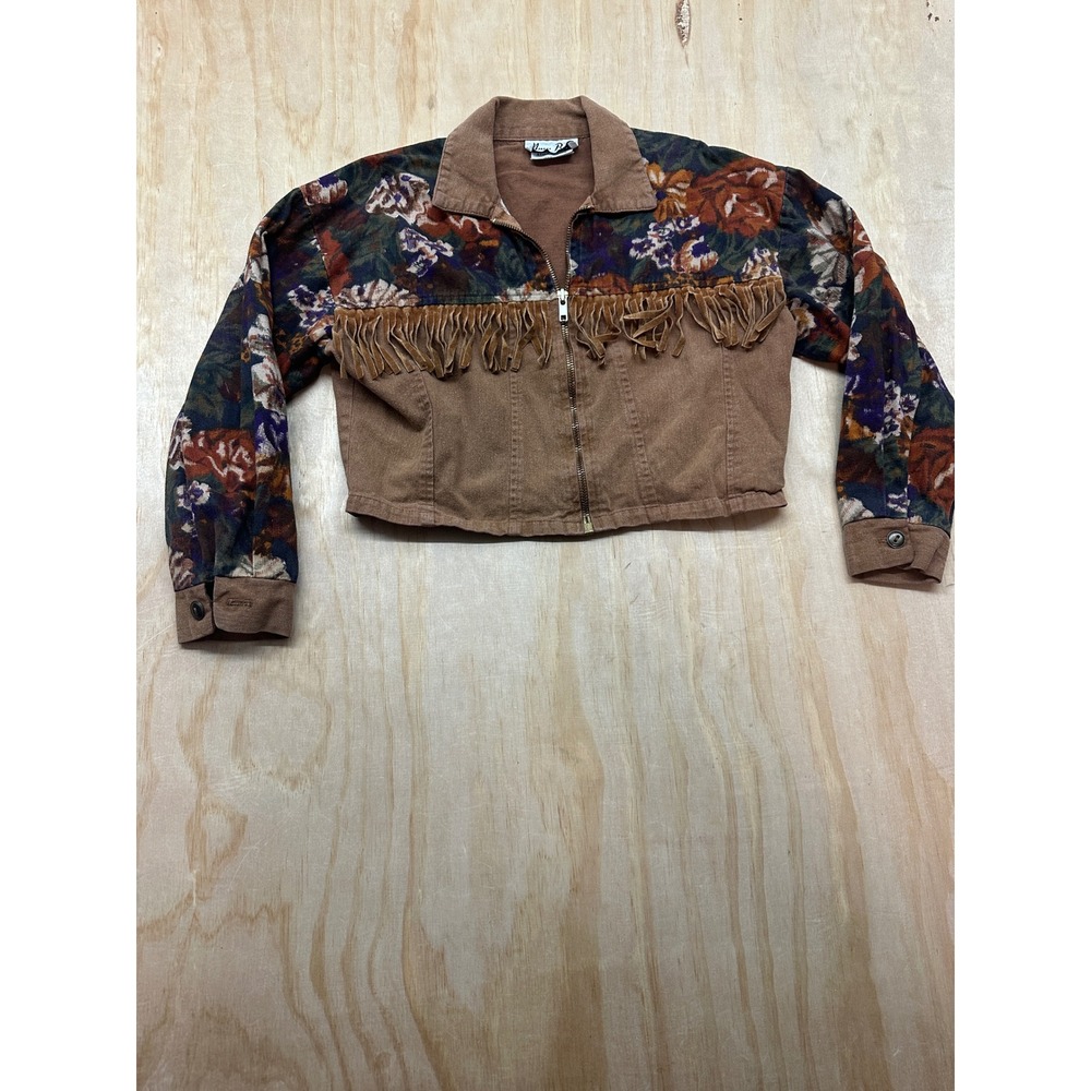 Vintage Amy Byer Girls Brown Floral Fringe Western Cropped Jacket Size S 7-8 USA